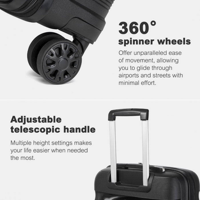 KSK2492 - Kono 3-Piece PP Hardshell Luggage Set–Durable Travel Suitcases with TSA Lock, 360° Spinner Wheels - Black
