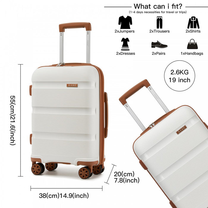 KSK2492 - Kono 19-Inch PP Hardshell Carry-On Suitcase–Lightweight Cabin Luggage with TSA Lock, 360° Silent Spinner Wheels - Cream And Brown