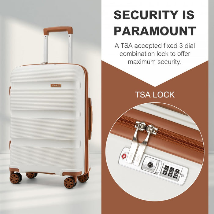 KSK2492 - Kono 4-Piece PP Hardshell Luggage Set–Durable Travel Suitcases with TSA Lock, 360° Spinner Wheels with Vanity Case - Cream and Brown