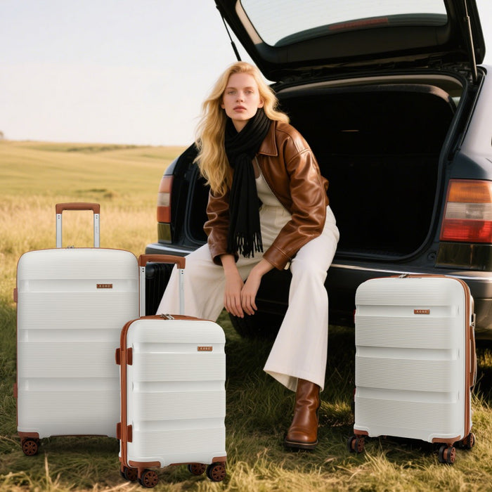 KSK2492 - Kono 4-Piece PP Hardshell Luggage Set–Durable Travel Suitcases with TSA Lock, 360° Spinner Wheels with Vanity Case - Cream and Brown