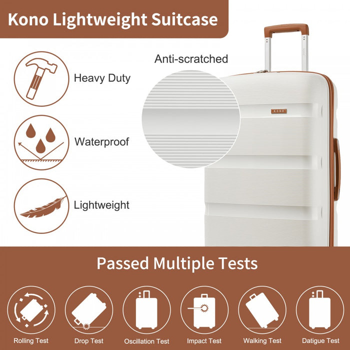 KSK2492 - Kono 28-Inch PP Hardshell Checked Luggage–Large Lightweight Suitcase with TSA Lock, 360° Spinner Wheels - Cream And Brown