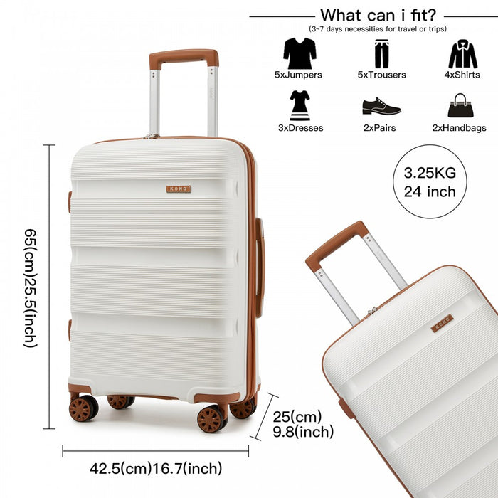 KSK2492 - Kono 24-Inch PP Hardshell Suitcase–Durable Checked Luggage with TSA Lock & 360° Spinner Silent Wheels - Cream And Brown