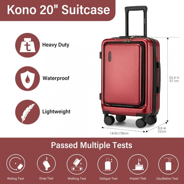 KSK2493 - Kono Durable ABS+PC 20 inch Carry-On Hardshell Suitcase with TSA Lock & Front Laptop Compartment - Burgundy