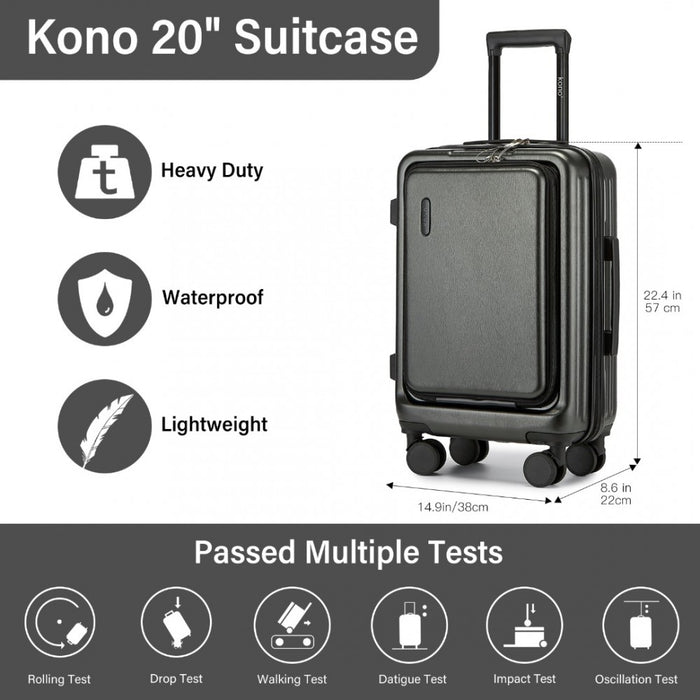 KSK2493 - Kono Durable ABS+PC 20 inch Carry-On Hardshell Suitcase with TSA Lock & Front Laptop Compartment - Grey