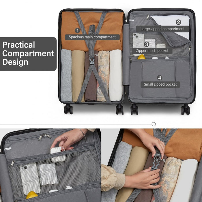 KSK2493 - Kono Durable ABS+PC 20 inch Carry-On Hardshell Suitcase with TSA Lock & Front Laptop Compartment - Grey