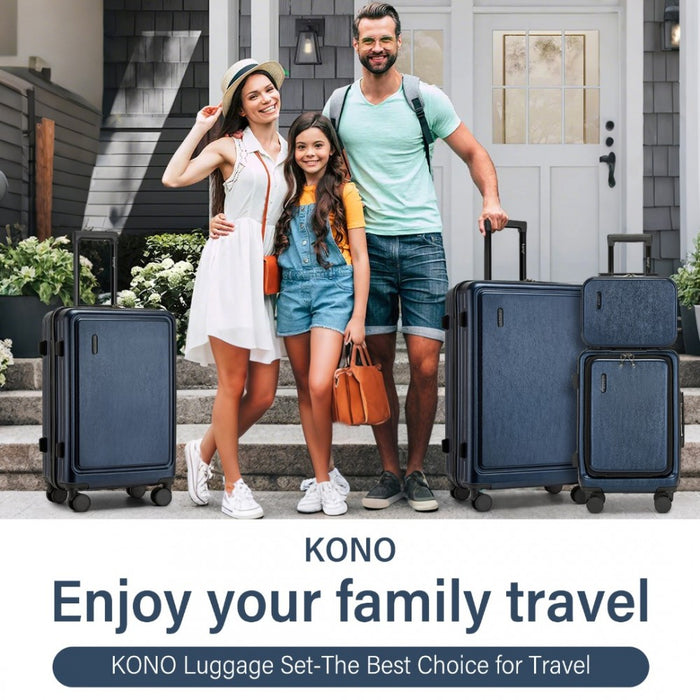 KSK2493 - Kono Durable ABS+PC Hardshell Luggage Set with TSA Lock 360° Spinner Wheels 4-Piece Set 20/24/28 And Vanity Case - Navy