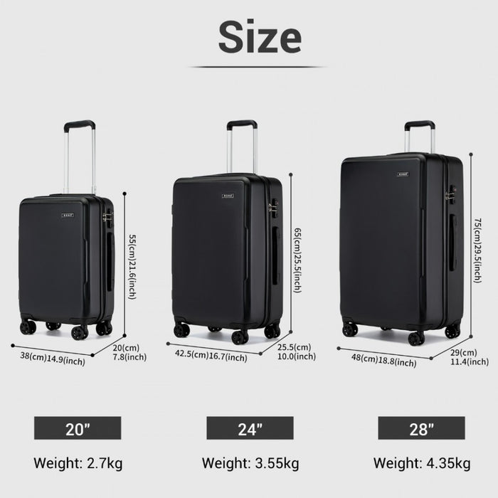 KSK2494 - Kono 3-Piece Minimalist Hard Shell ABS+PC Luggage Set with TSA Lock and 360° Spinner Wheels - Black