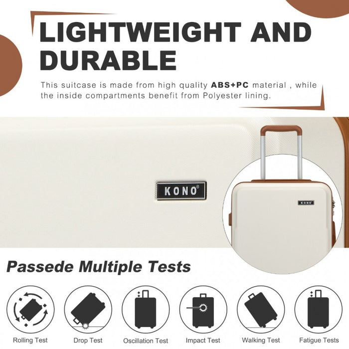 KSK2494 - Kono 20 Inch Cabin Size Minimalist Hard Shell ABS+PC Carry-On Suitcase with TSA Lock 360° Spinner Wheels - Cream And Brown