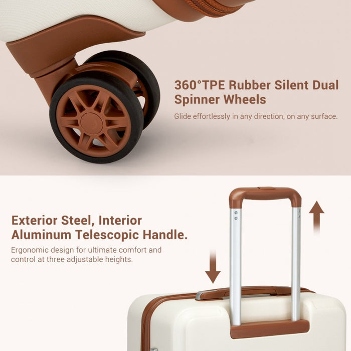 KSK2494 - Kono 20 Inch Cabin Size Minimalist Hard Shell ABS+PC Carry-On Suitcase with TSA Lock 360° Spinner Wheels - Cream And Brown