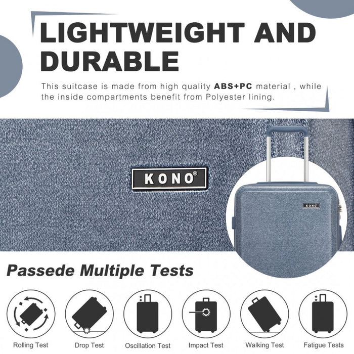 KSK2494 - Kono 20 Inch Cabin Size Minimalist Hard Shell ABS+PC Carry-On Suitcase with TSA Lock 360° Spinner Wheels - Denim Blue