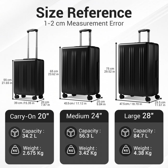 KSK2583 - Kono Premium ABS+PC 24 Inch Hard Shell Medium Check-In Luggage with TSA Lock & 360° Silent Spinner Wheels - Black