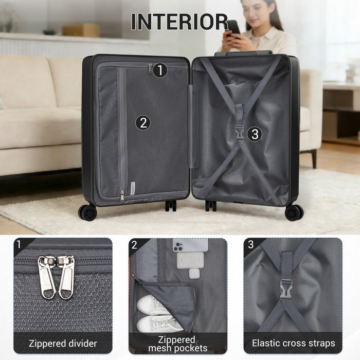 KSK2583 - Kono Premium ABS+PC 20 Inch Hard Shell Cabin Suitcase with TSA Lock and Smooth 360° Silent Spinner Wheels - Black