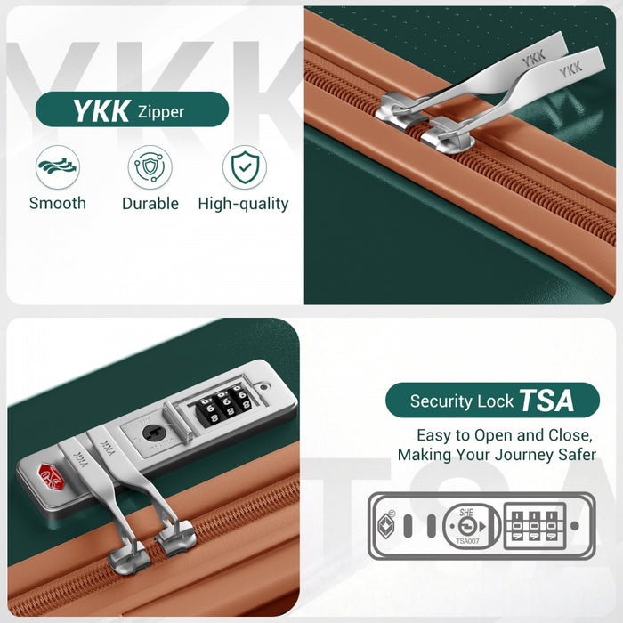 KSK2583 - Kono Premium ABS+PC 3-Piece Hard Shell Luggage Set with TSA Lock & 360° Silent Spinner Wheels - Green and Brown