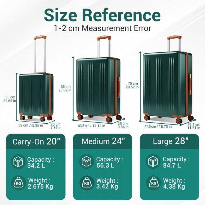 KSK2583 - Kono Premium ABS+PC 3-Piece Hard Shell Luggage Set with TSA Lock & 360° Silent Spinner Wheels - Green and Brown