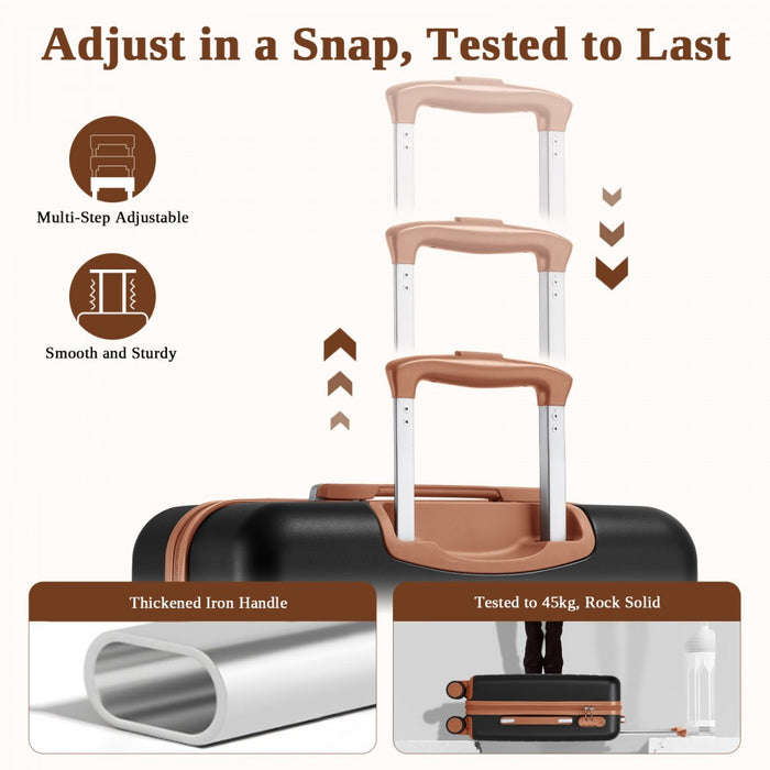 KSK2584 - Kono Scratch-Resistant 20-Inch Hard Shell Cabin Suitcase with Horizontal Stripe Design, Brown Accents & Spinner Wheels - Black and Brown