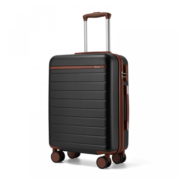 KSK2584 - Kono Scratch-Resistant 20-Inch Hard Shell Cabin Suitcase with Horizontal Stripe Design, Brown Accents & Spinner Wheels - Black and Brown