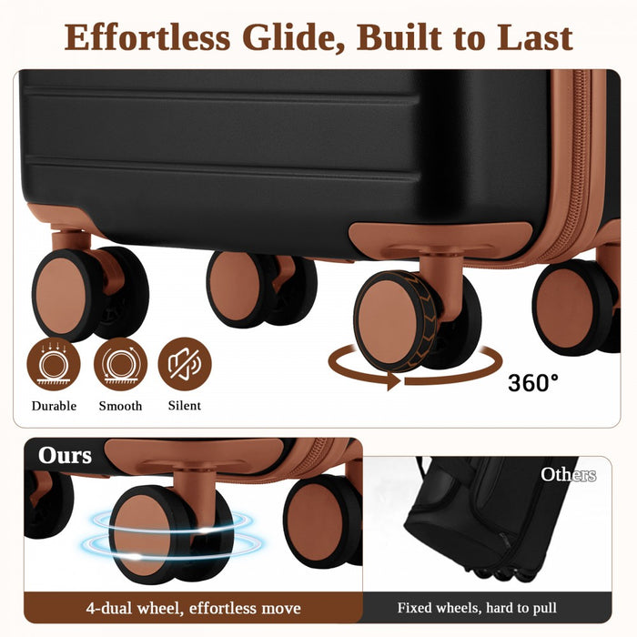 KSK2584 - Kono Scratch-Resistant 20-Inch Hard Shell Cabin Suitcase with Horizontal Stripe Design, Brown Accents & Spinner Wheels - Black and Brown