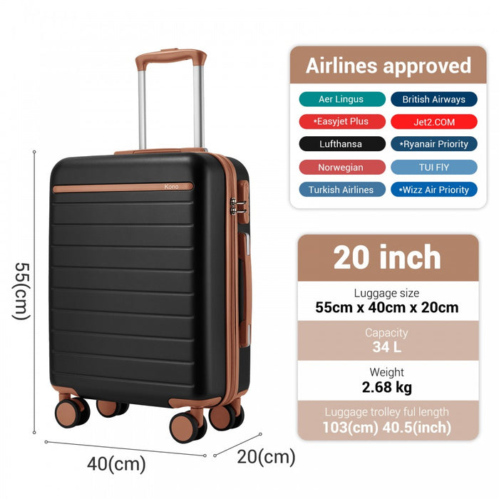 KSK2584 - Kono Scratch-Resistant 20-Inch Hard Shell Cabin Suitcase with Horizontal Stripe Design, Brown Accents & Spinner Wheels - Black and Brown