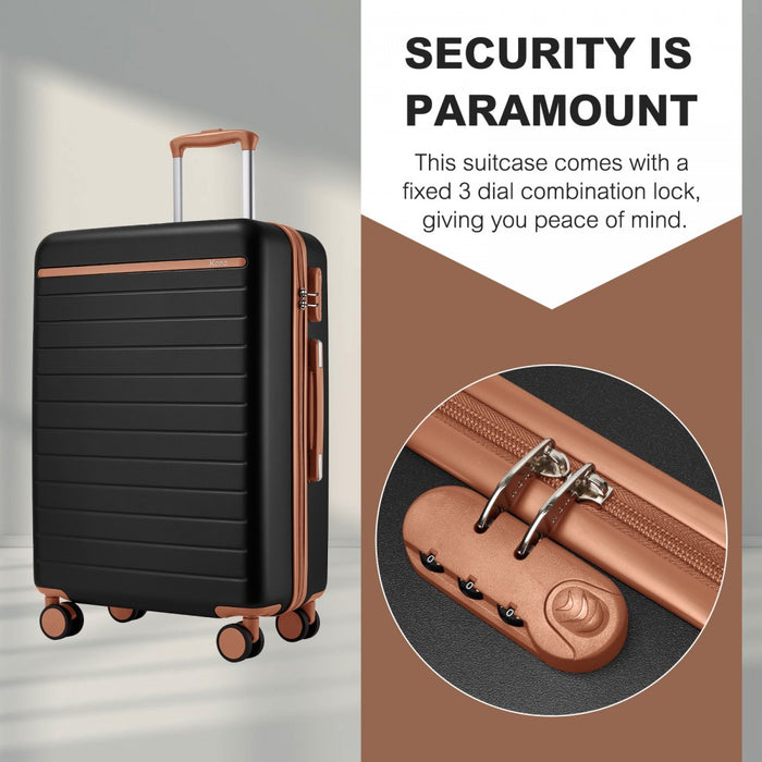 KSK2584 - Kono Scratch-Resistant 24-Inch Hard Shell Medium Check-In Suitcase with Horizontal Stripe Design, Brown Accents & Spinner Wheels - Black and Brown