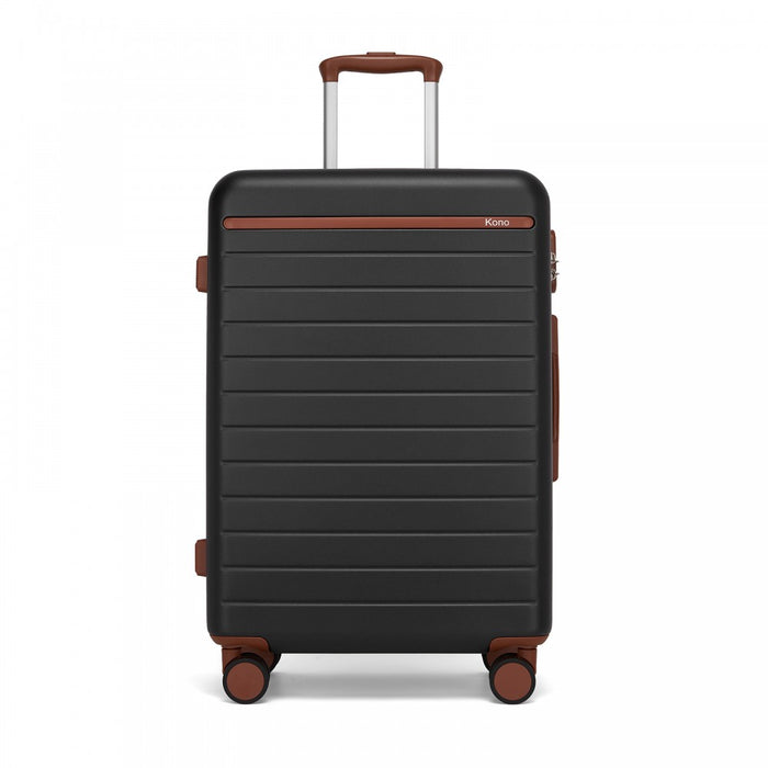 KSK2584 - Kono Scratch-Resistant 24-Inch Hard Shell Medium Check-In Suitcase with Horizontal Stripe Design, Brown Accents & Spinner Wheels - Black and Brown