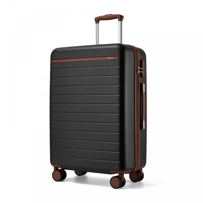 KSK2584 - Kono Scratch-Resistant 24-Inch Hard Shell Medium Check-In Suitcase with Horizontal Stripe Design, Brown Accents & Spinner Wheels - Black and Brown