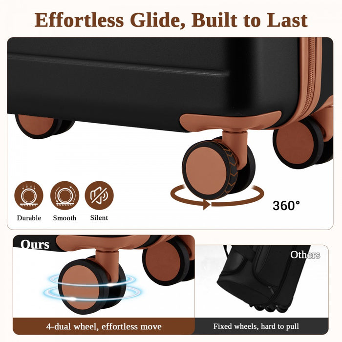 KSK2584 - Kono Scratch-Resistant 24-Inch Hard Shell Medium Check-In Suitcase with Horizontal Stripe Design, Brown Accents & Spinner Wheels - Black and Brown