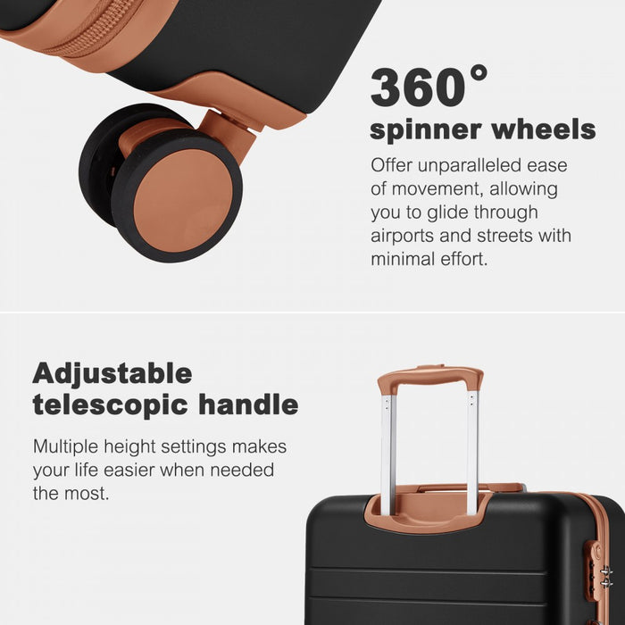 KSK2584 - Kono Scratch-Resistant 24-Inch Hard Shell Medium Check-In Suitcase with Horizontal Stripe Design, Brown Accents & Spinner Wheels - Black and Brown