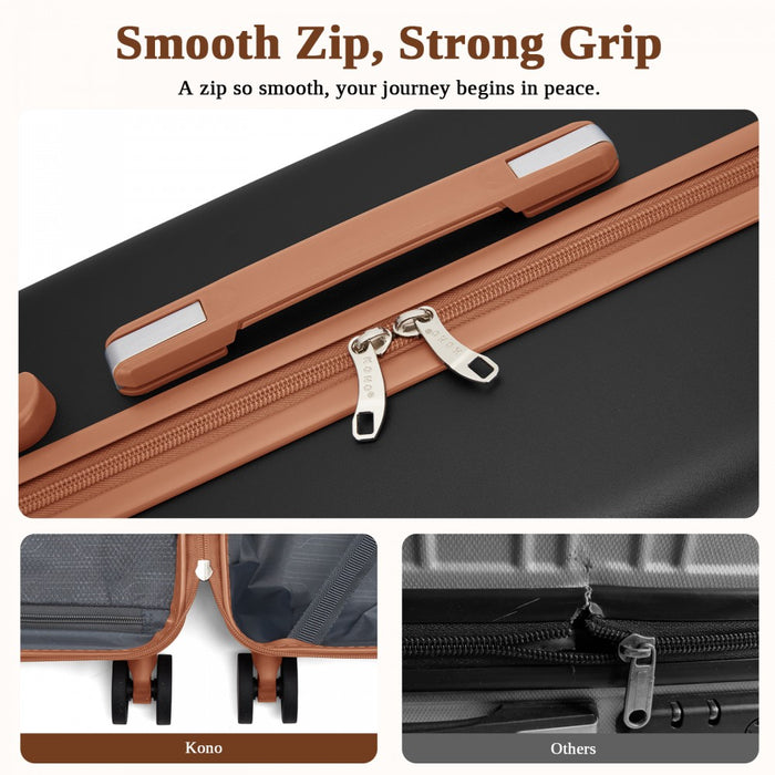 KSK2584 - Kono Scratch-Resistant 24-Inch Hard Shell Medium Check-In Suitcase with Horizontal Stripe Design, Brown Accents & Spinner Wheels - Black and Brown