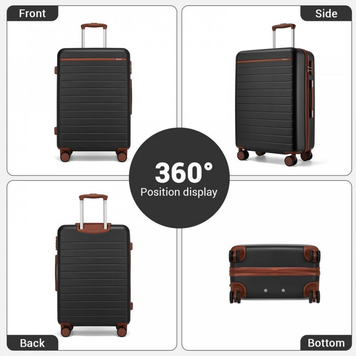 KSK2584 - Kono Scratch-Resistant 28-Inch Large Hard Shell Suitcase with Horizontal Stripe Design, Brown Accents & Spinner Wheels - Black and Brown
