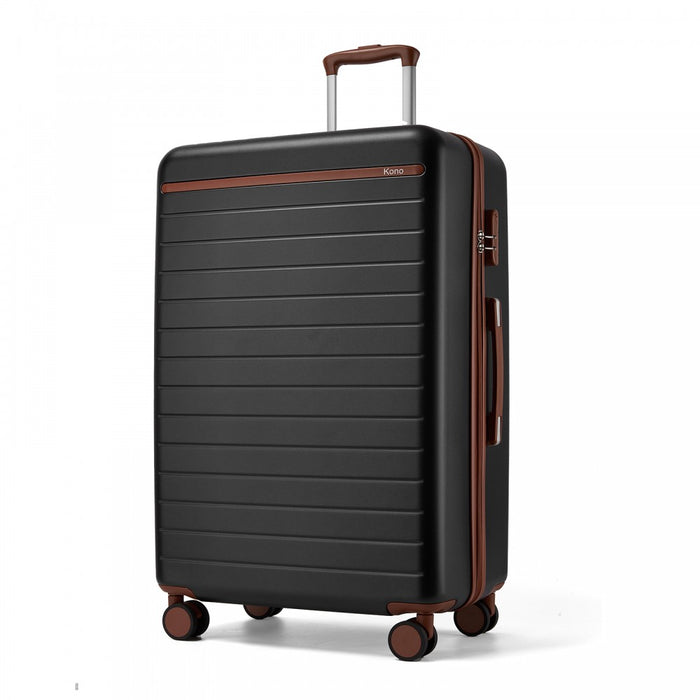 KSK2584 - Kono Scratch-Resistant 28-Inch Large Hard Shell Suitcase with Horizontal Stripe Design, Brown Accents & Spinner Wheels - Black and Brown