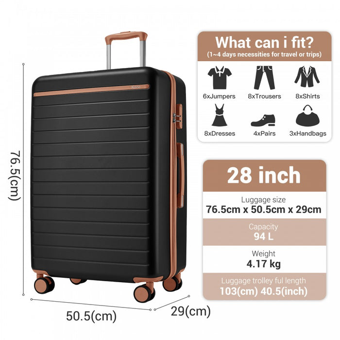 KSK2584 - Kono Scratch-Resistant 28-Inch Large Hard Shell Suitcase with Horizontal Stripe Design, Brown Accents & Spinner Wheels - Black and Brown