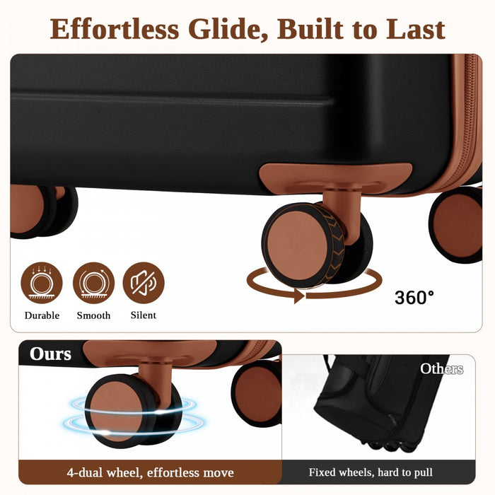 KSK2584 - Kono Scratch-Resistant 3-Piece Hard Shell Luggage Set with Horizontal Stripe Design, Brown Accents & Spinner Wheels - Black and Brown