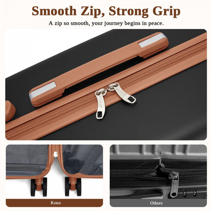 KSK2584 - Kono Scratch-Resistant 3-Piece Hard Shell Luggage Set with Horizontal Stripe Design, Brown Accents & Spinner Wheels - Black and Brown