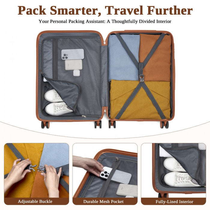 KSK2584 - Kono Scratch-Resistant 28-Inch Large Hard Shell Suitcase with Horizontal Stripe Design, Brown Accents & Spinner Wheels - Black and Brown