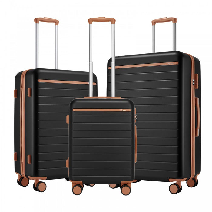 KSK2584 - Kono Scratch-Resistant 3-Piece Hard Shell Luggage Set with Horizontal Stripe Design, Brown Accents & Spinner Wheels - Black and Brown