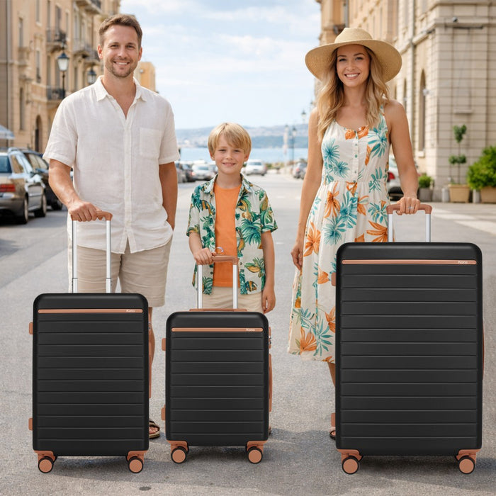 KSK2584 - Kono Scratch-Resistant 3-Piece Hard Shell Luggage Set with Horizontal Stripe Design, Brown Accents & Spinner Wheels - Black and Brown