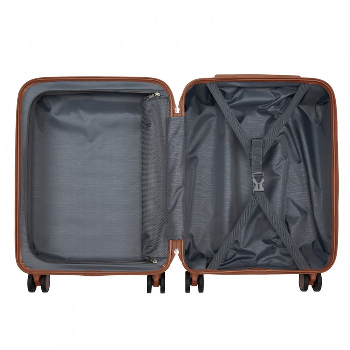 KSK2584 - Kono Scratch-Resistant 20-Inch Hard Shell Cabin Suitcase with Horizontal Stripe Design, Brown Accents & Spinner Wheels - Cream and Brown