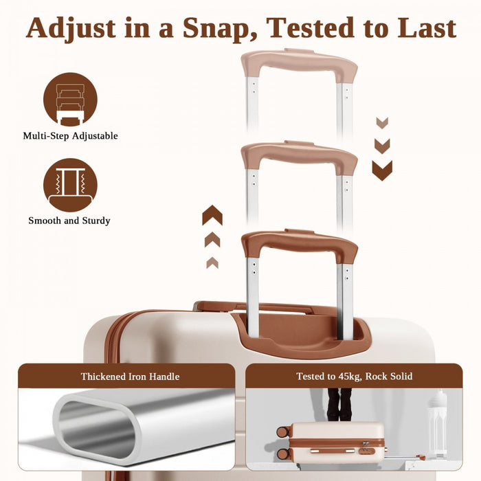 KSK2584 - Kono Scratch-Resistant 3-Piece Hard Shell Luggage Set with Horizontal Stripe Design, Brown Accents & Spinner Wheels - Cream and Brown