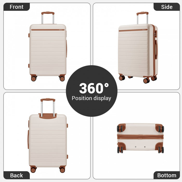 KSK2584 - Kono Scratch-Resistant 20-Inch Hard Shell Cabin Suitcase with Horizontal Stripe Design, Brown Accents & Spinner Wheels - Cream and Brown