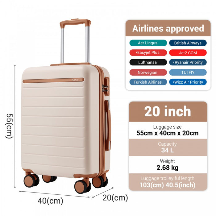 KSK2584 - Kono Scratch-Resistant 20-Inch Hard Shell Cabin Suitcase with Horizontal Stripe Design, Brown Accents & Spinner Wheels - Cream and Brown