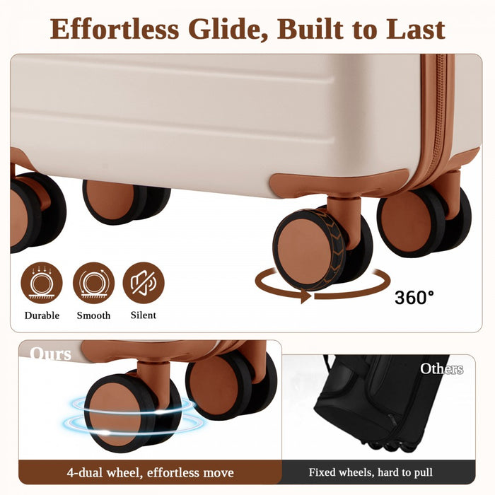 KSK2584 - Kono Scratch-Resistant 20-Inch Hard Shell Cabin Suitcase with Horizontal Stripe Design, Brown Accents & Spinner Wheels - Cream and Brown