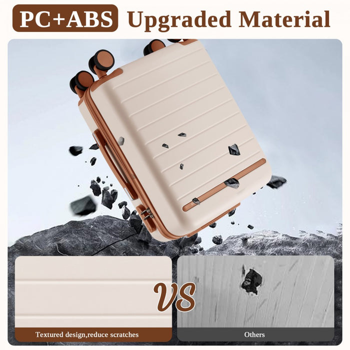 KSK2584 - Kono Scratch-Resistant 20-Inch Hard Shell Cabin Suitcase with Horizontal Stripe Design, Brown Accents & Spinner Wheels - Cream and Brown