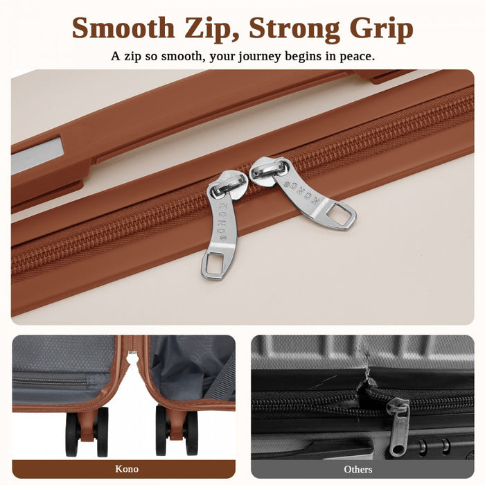 KSK2584 - Kono Scratch-Resistant 20-Inch Hard Shell Cabin Suitcase with Horizontal Stripe Design, Brown Accents & Spinner Wheels - Cream and Brown