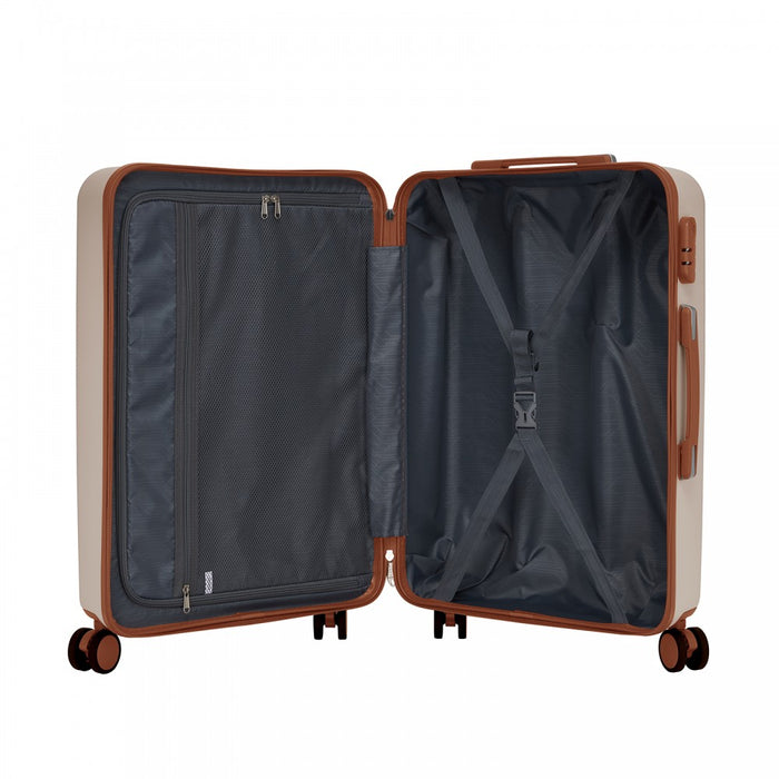 KSK2584 - Kono Scratch-Resistant 24-Inch Hard Shell Medium Check-In Suitcase with Horizontal Stripe Design, Brown Accents & Spinner Wheels - Cream and Brown