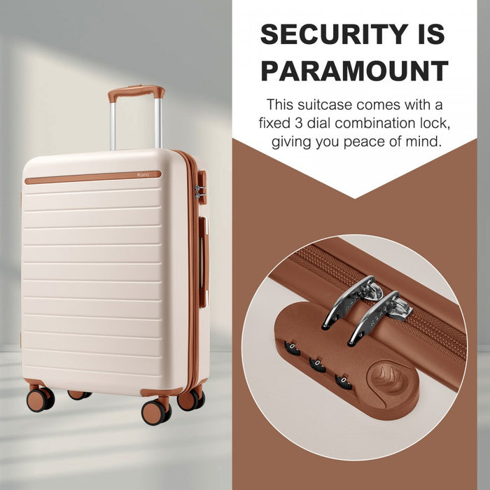 KSK2584 - Kono Scratch-Resistant 3-Piece Hard Shell Luggage Set with Horizontal Stripe Design, Brown Accents & Spinner Wheels - Cream and Brown