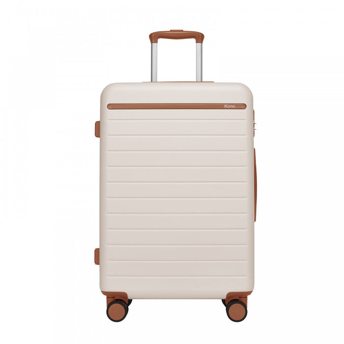 KSK2584 - Kono Scratch-Resistant 24-Inch Hard Shell Medium Check-In Suitcase with Horizontal Stripe Design, Brown Accents & Spinner Wheels - Cream and Brown