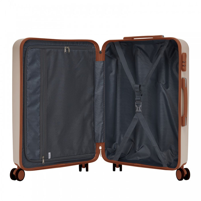 KSK2584 - Kono Scratch-Resistant 28-Inch Large Hard Shell Suitcase with Horizontal Stripe Design, Brown Accents & Spinner Wheels - Cream and Brown