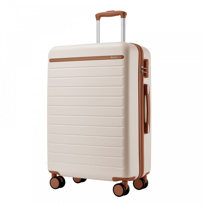KSK2584 - Kono Scratch-Resistant 28-Inch Large Hard Shell Suitcase with Horizontal Stripe Design, Brown Accents & Spinner Wheels - Cream and Brown