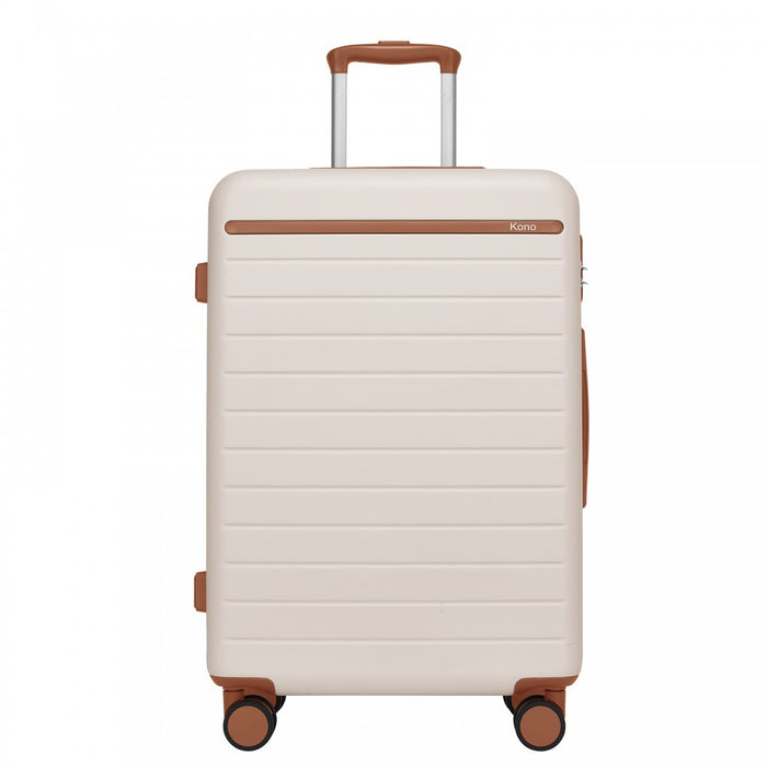 KSK2584 - Kono Scratch-Resistant 28-Inch Large Hard Shell Suitcase with Horizontal Stripe Design, Brown Accents & Spinner Wheels - Cream and Brown