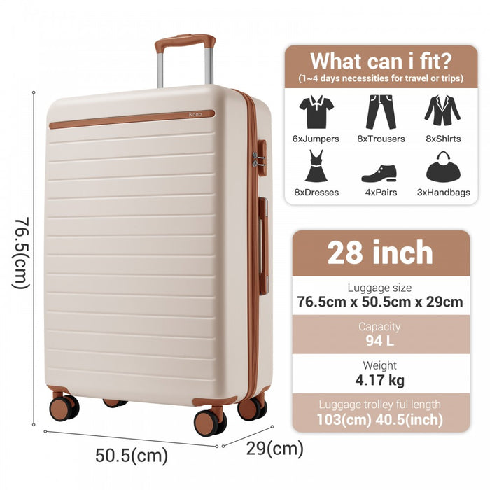 KSK2584 - Kono Scratch-Resistant 28-Inch Large Hard Shell Suitcase with Horizontal Stripe Design, Brown Accents & Spinner Wheels - Cream and Brown